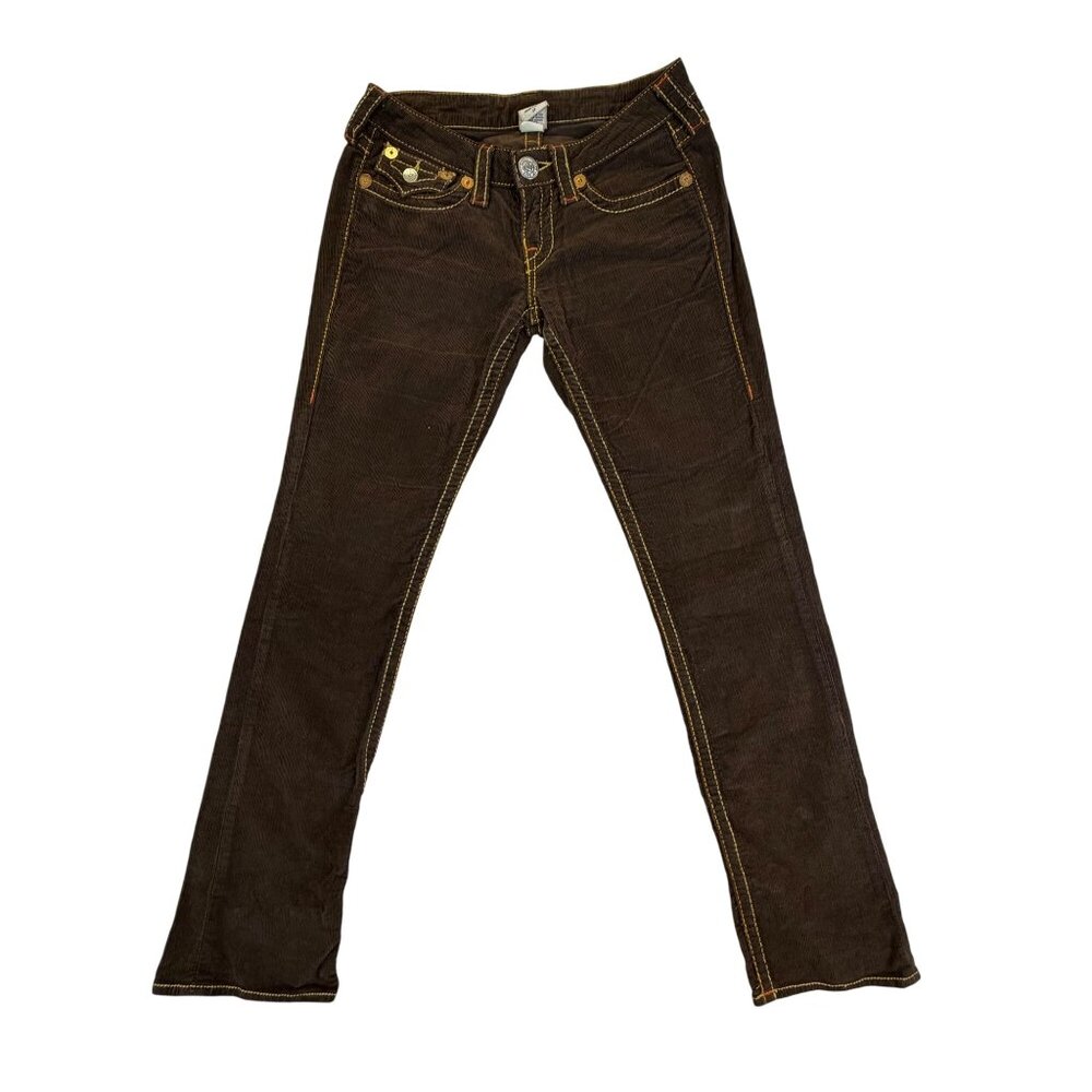True Religion Women’s Brown Corduroy Jeans Slim Fit Stylish Stitching Size 27